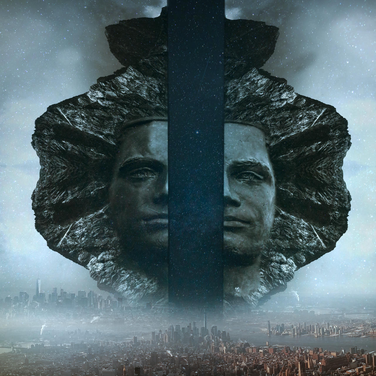 A giant face made of stone opens in the middle like a door into a starry sky over a snowy metropolitan cityscape.